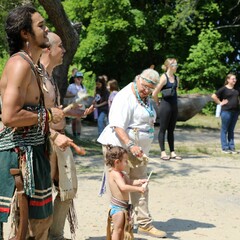 Wampanoag Educators sing to lead traditional dance on the Historic Patuxet Homesite